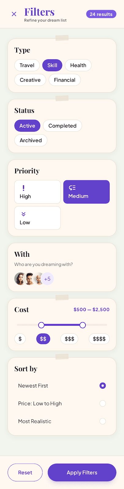 Reverie dream filters screen