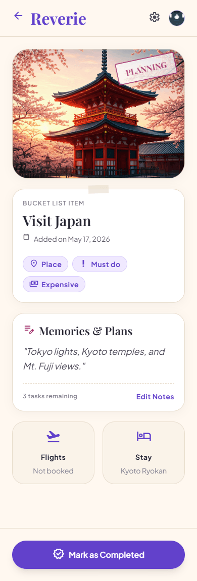 Reverie Visit Japan bucket list item detail