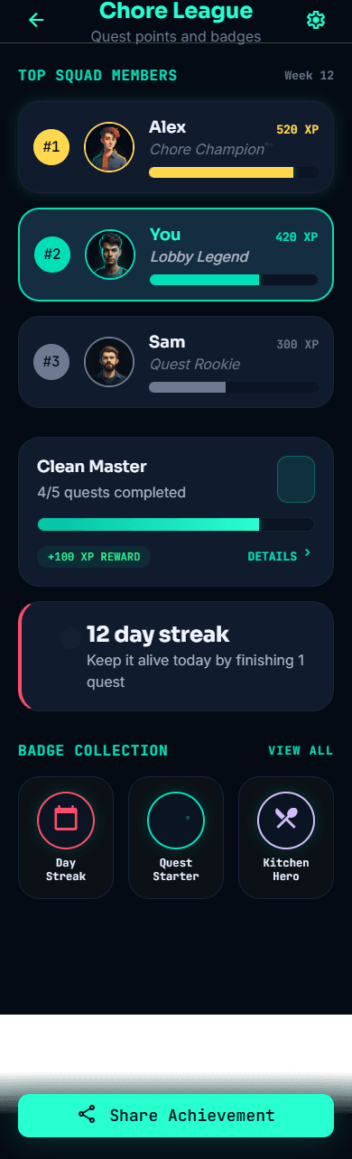 RoommateOS chore leaderboard and badges screen