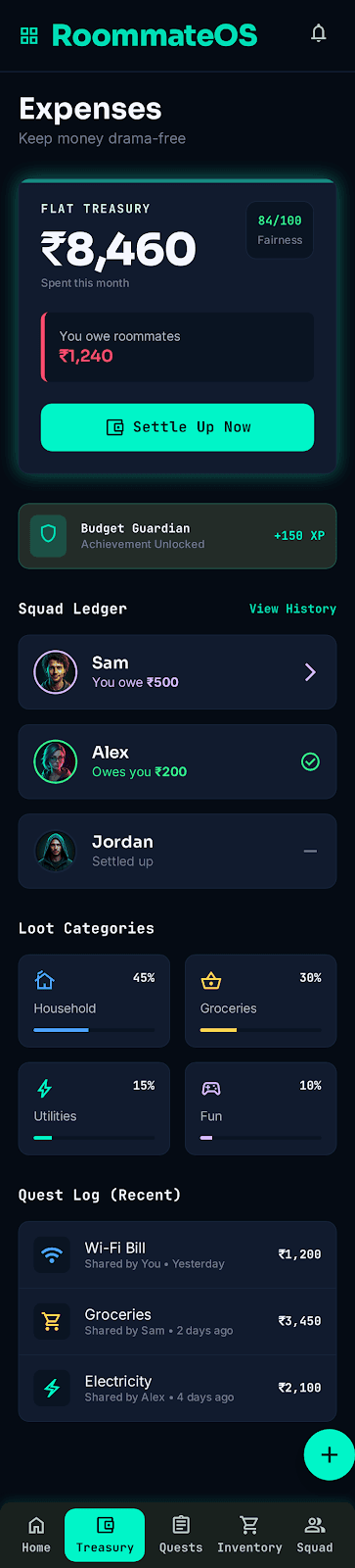 RoommateOS expenses treasury screen