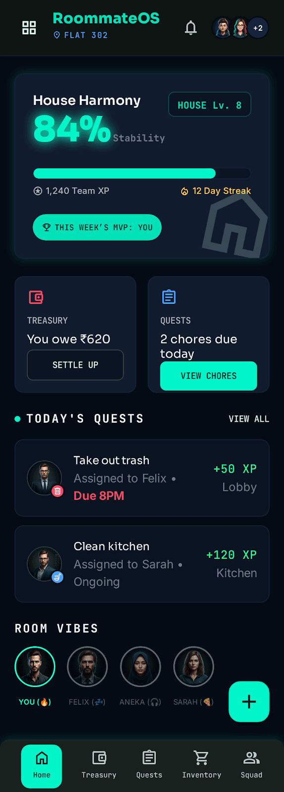 RoommateOS home dashboard screen
