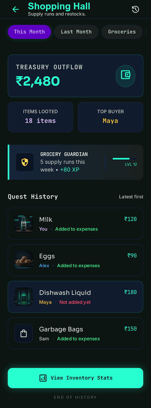 RoommateOS shopping history screen
